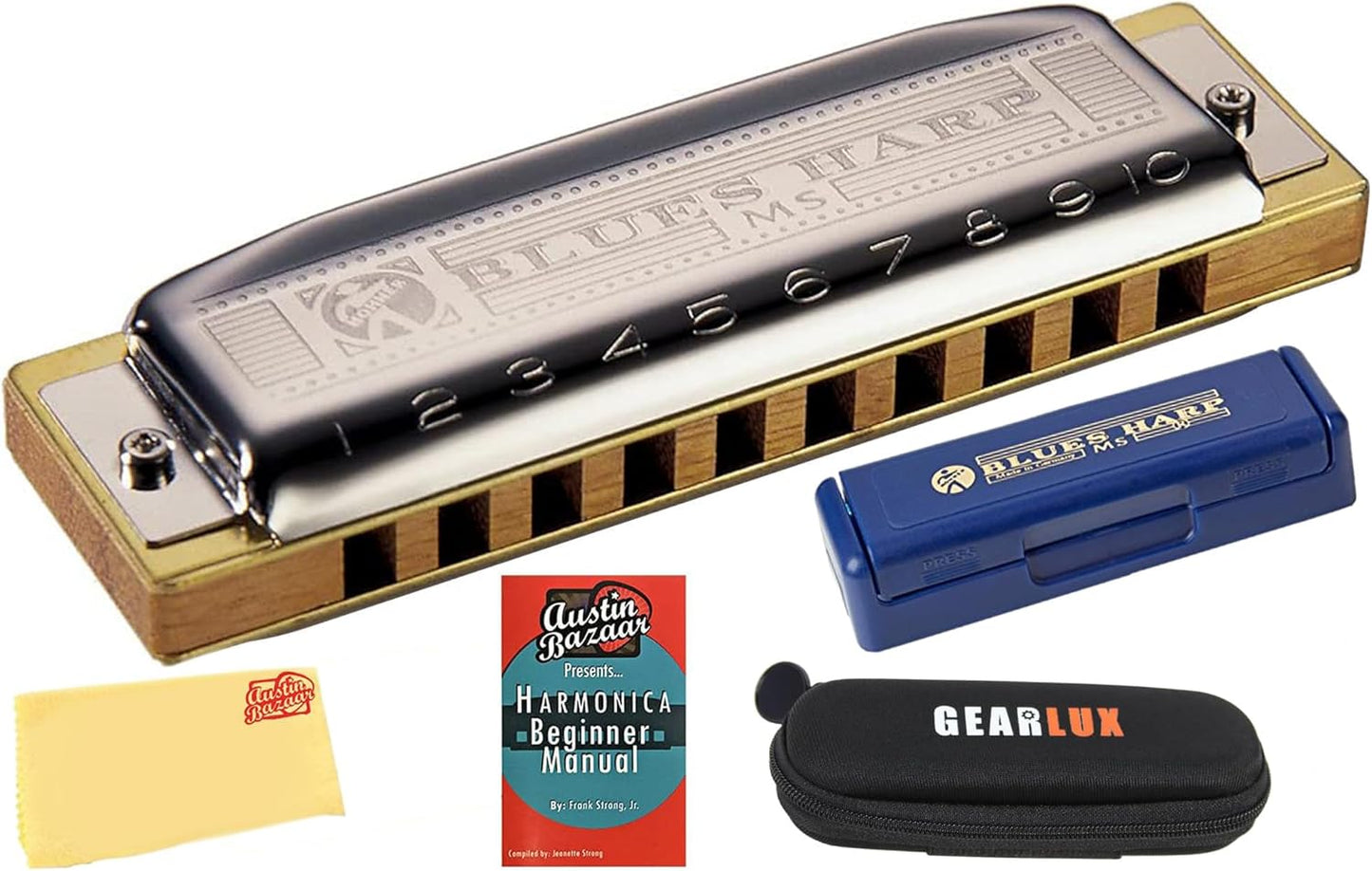 Hohner Harmonica 532 Blues Harp MS - Key of F Bundle with Zip Case, Harmonica Beginner Manual, and Austin Bazaar Polishing Cloth