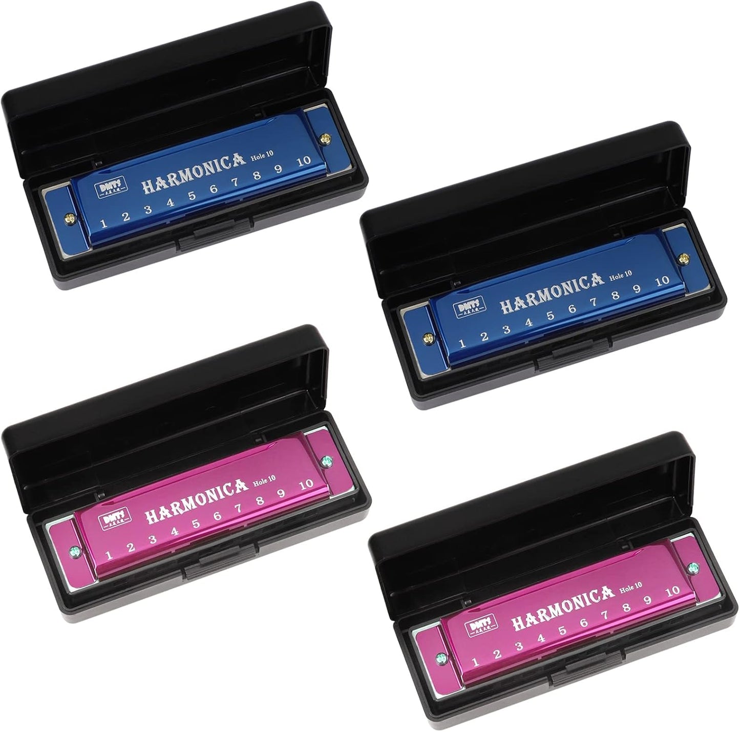 UPINS Harmonica, 4PCS Key of C 10 Hole 10 Tones Titanium Color Harmonica with Case for Beginner Students (Pink, Blue)