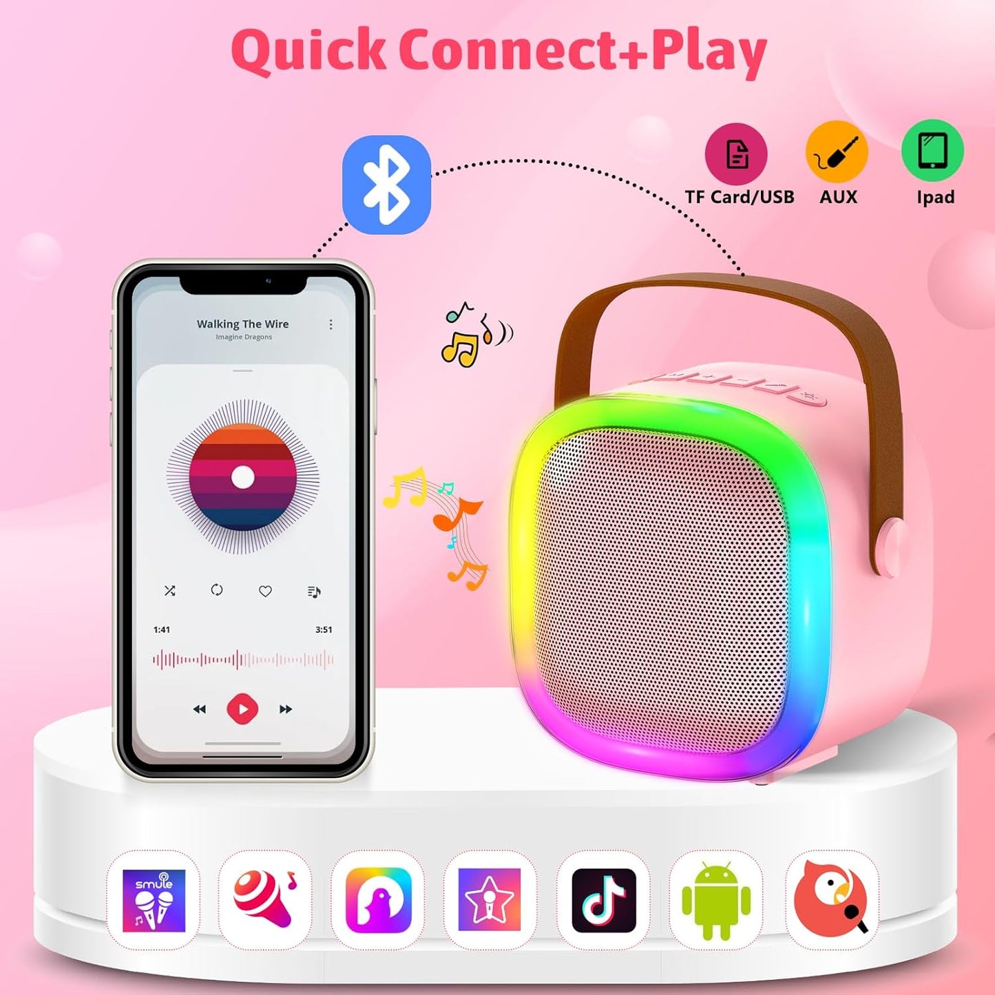 Karaoke Machine for Kids Adults, Portable Bluetooth Speaker with 2 Wireless Microphones and LED Lights, Kids Toys Birthday Gifts for Girls Boys Ages 4, 5, 6, 7, 8,9,10,11,12+ Years