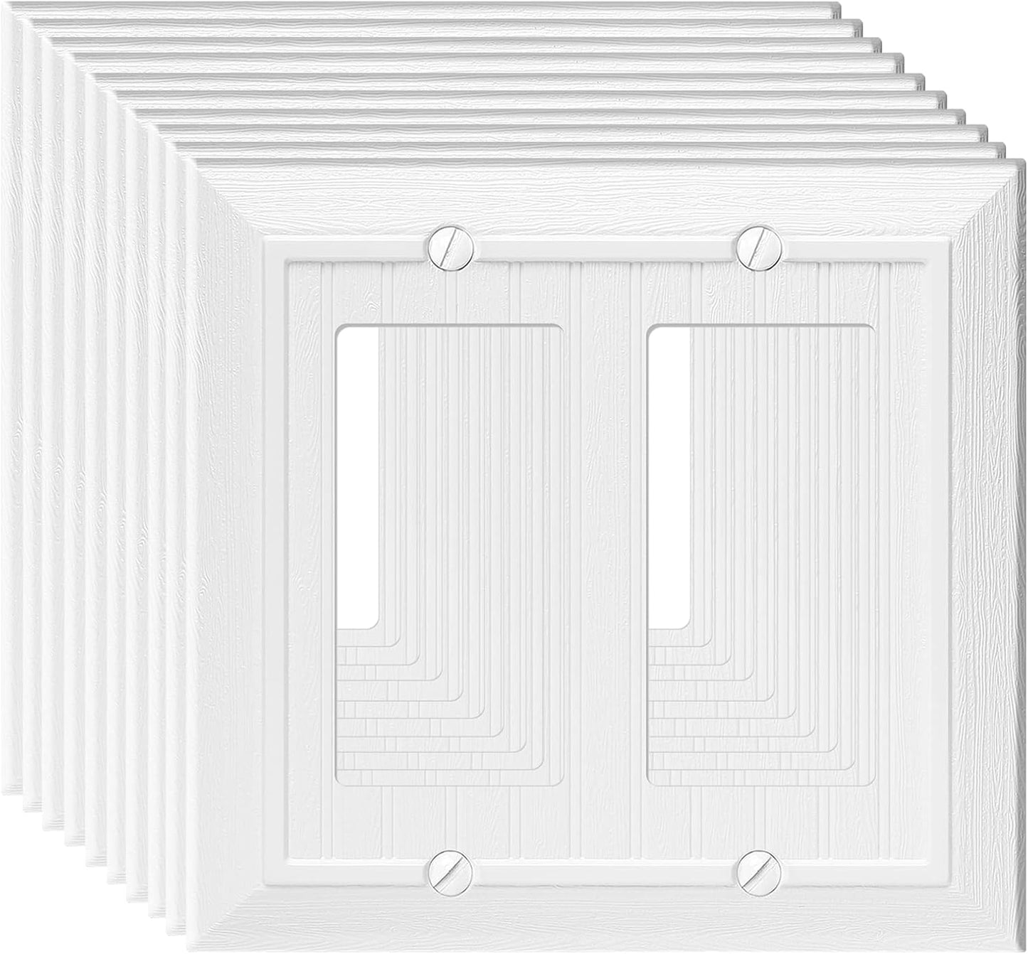 Modern Decorative Wall Plate Switch Plate Outlet Cover, Vintage Retro Wood Grain Design (Double Decorator-10 Pack, White)