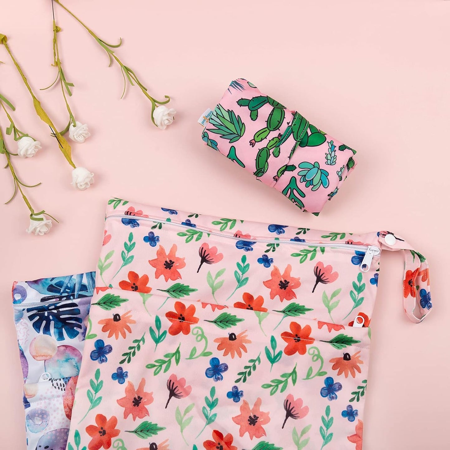 babygoal Wet Dry Bags for Baby Cloth Diapers, Washable Travel Bags, Beach, Pool, Gym Bag for Swimsuits & Wet Clothes with Two Zippered Pockets 3 Pack, 3LN18