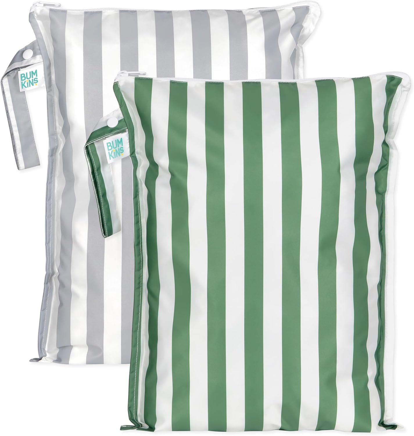 Bumkins - Waterproof Wet Bag - For Baby, Travel, Swim Suit, Cloth Diapers, Pump Parts, Pool, Gym, Toiletry, Strap to Stroller - Reusable & Easy to Clean - 2pk - Gray & Green Stripe