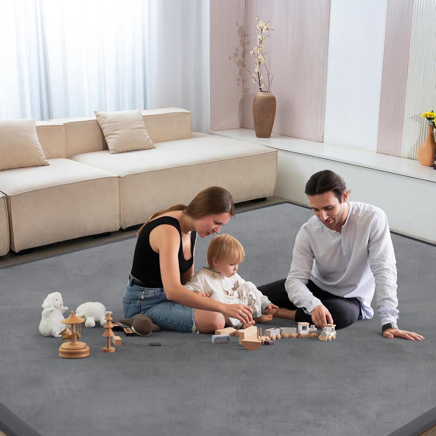 Baby Play Mat for Floor Tummy Time Mat Nursery Muscle Area Playroom Rug Tatami 79"x118" Memory Foam 1.3" Thick Crawling For Babies,Toddlers, Infants, Kids,Floor(Grey)