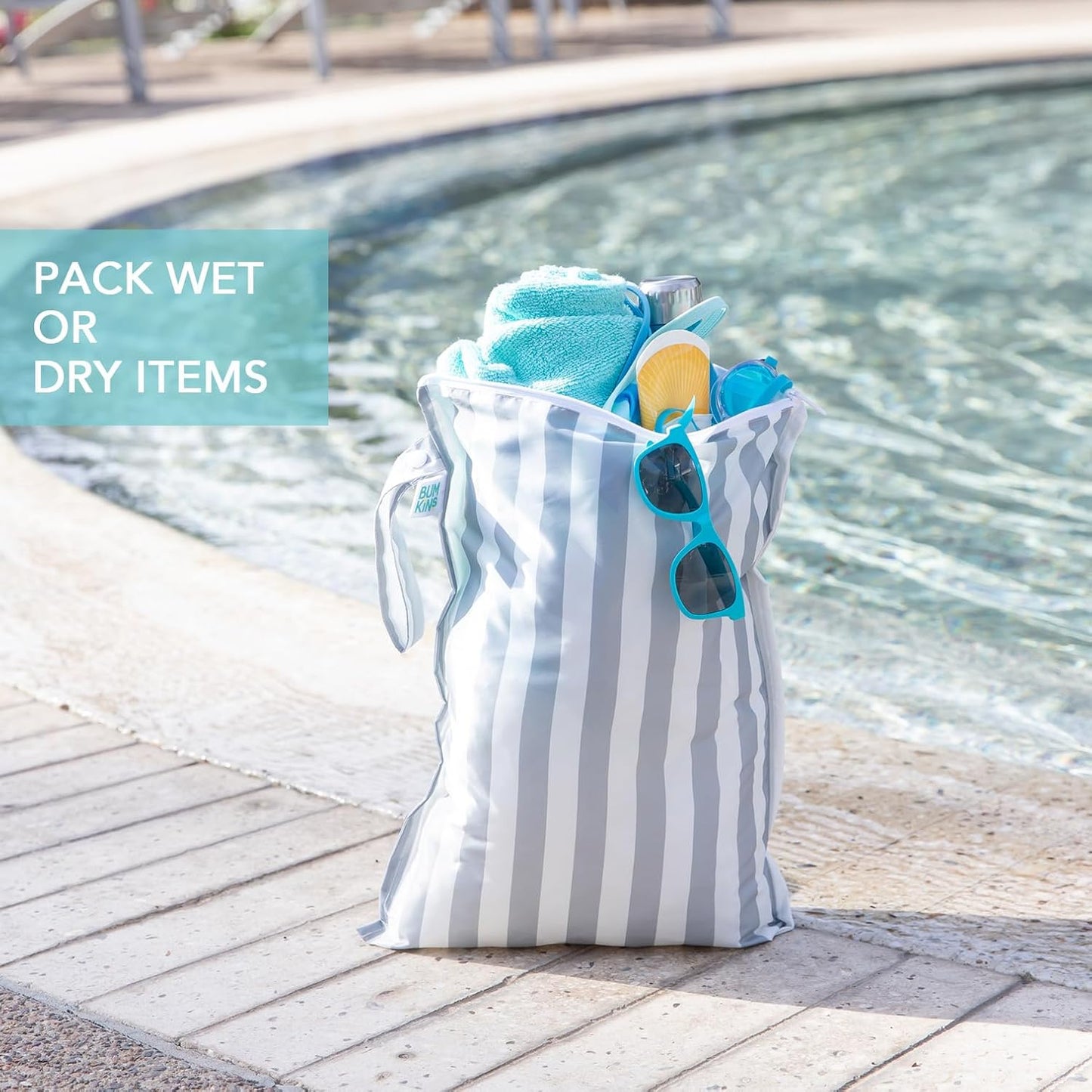 Bumkins - Waterproof Wet Bag - For Baby, Travel, Swim Suit, Cloth Diapers, Pump Parts, Pool, Gym, Toiletry, Strap to Stroller - Reusable & Easy to Clean - 2pk - Gray & Green Stripe