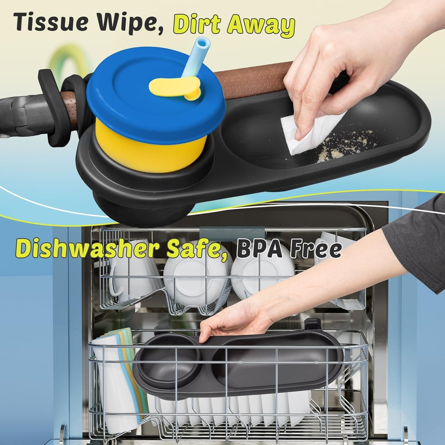 Universal Snack Tray for Stroller, Cup Holder Tray with Flexible Silicone Arm Gripper, Stays in Place Tray Attachment for Toddler & Kids, Snacking On The Go, Stroller Travel Accessories, Universal Fit