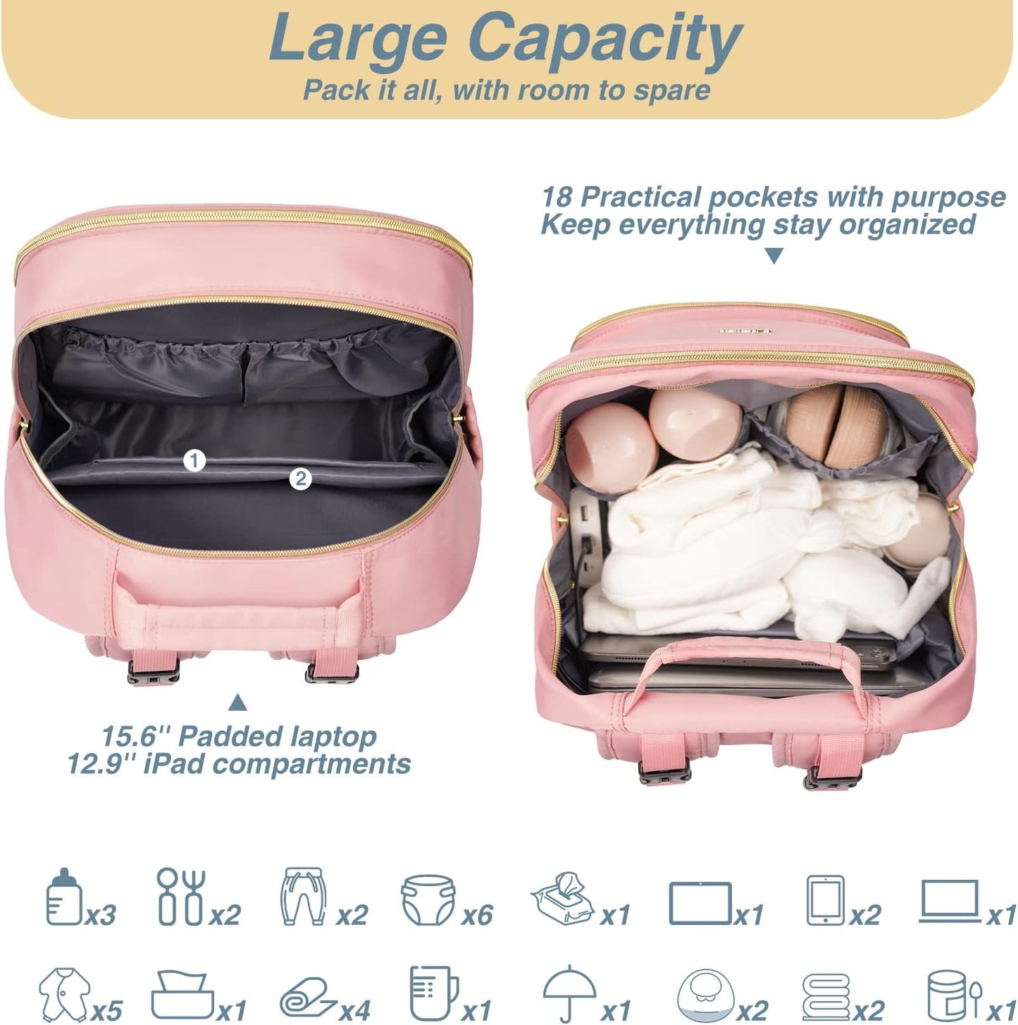 MOMUVO Diaper Bag Backpack, Quilted Baby Bag with Changing Pad & Stroller Straps & Pacifier Case, Large Travel Diaper Bags for Mom Dad, Pink