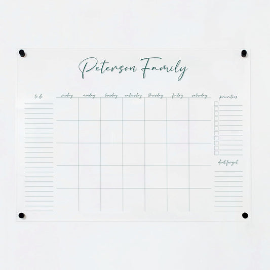 Personalized Clear Acrylic Calendar for Wall, Calendar Whiteboard for Wall, Dry Erase Wall Calendar, Wall Calendar Organizer System for Home (Cursive, Jade, 31"W x 23"H)