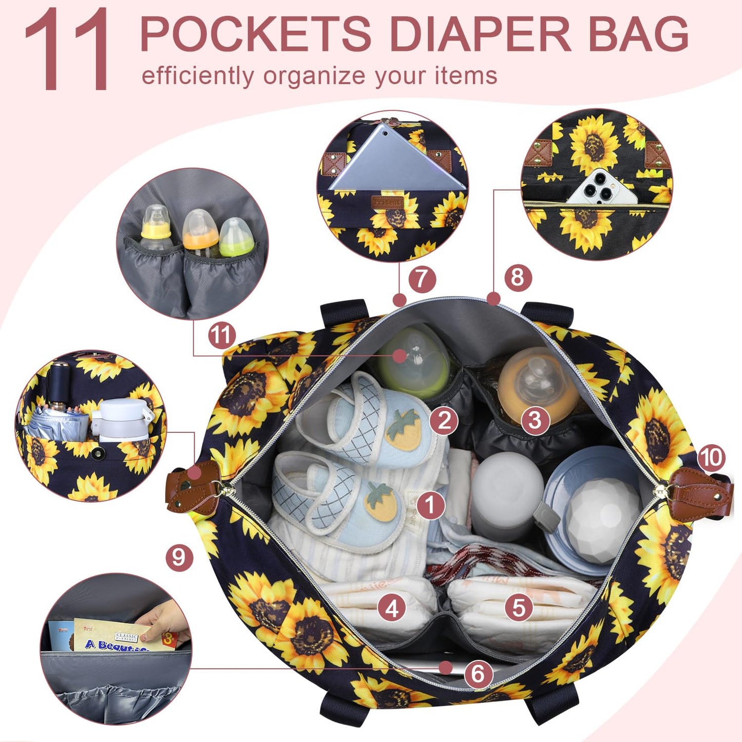 Diaper Bag Tote - Diaper Baby Bags with Pacifier Case, Shoulder Straps, Stroller Clips, Waterproof Large Mommy Maternity Travel Baby Bag for Mom and Dad, Sunflower, Medium