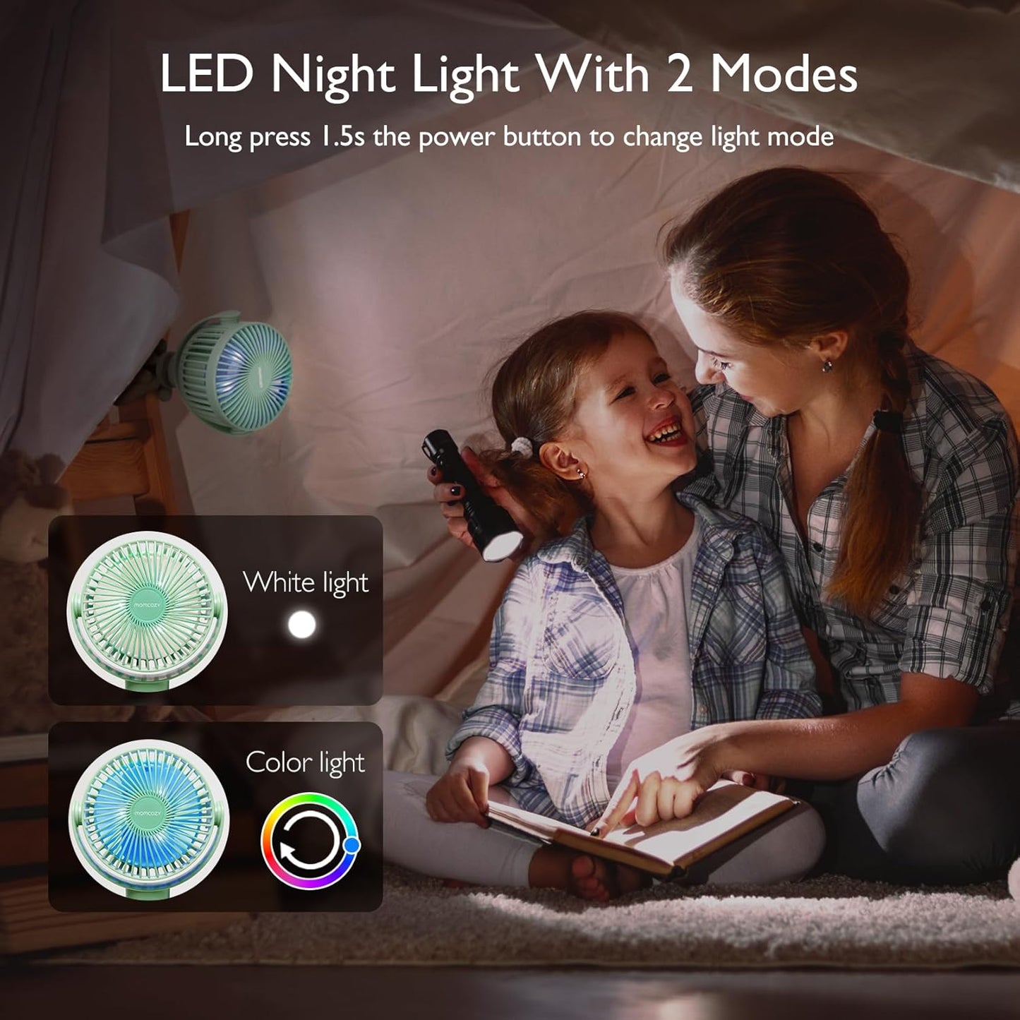 Momcozy Portable Stroller Fan, 8000mAh, 27H Ultra-long Battery Life, Detachable 4 Speed 360°Rotate, LED Night Light with 2 Modes, USB Rechargeable Handheld Cooling Fan for Travel, Car Seat, Bedroom