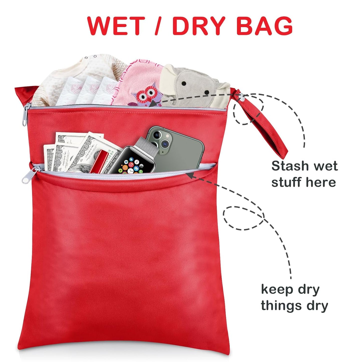 Angel Love Wet Bags, 2 Pack Baby Cloth Diaper Wet/Dry Bags with Two Zippered Pockets, Travel, Beach, Pool, Gym Bag for Swimsuits or Wet Clothes, Waterproof Washable Reusable, L212213