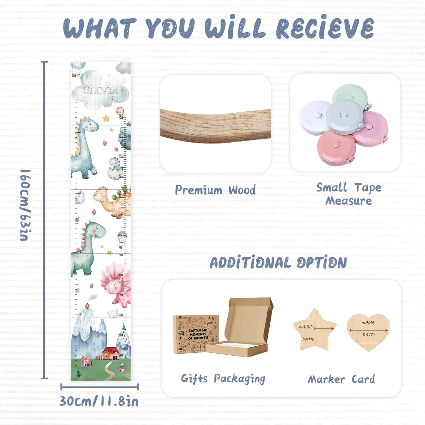 Personalized Name Growth Chart for Kids, Watercolor Dinosaur Height Measurement Chart for Children's Growth, Suitable for Both Boys and Girls, Removable and Easy to Store, Lightweight