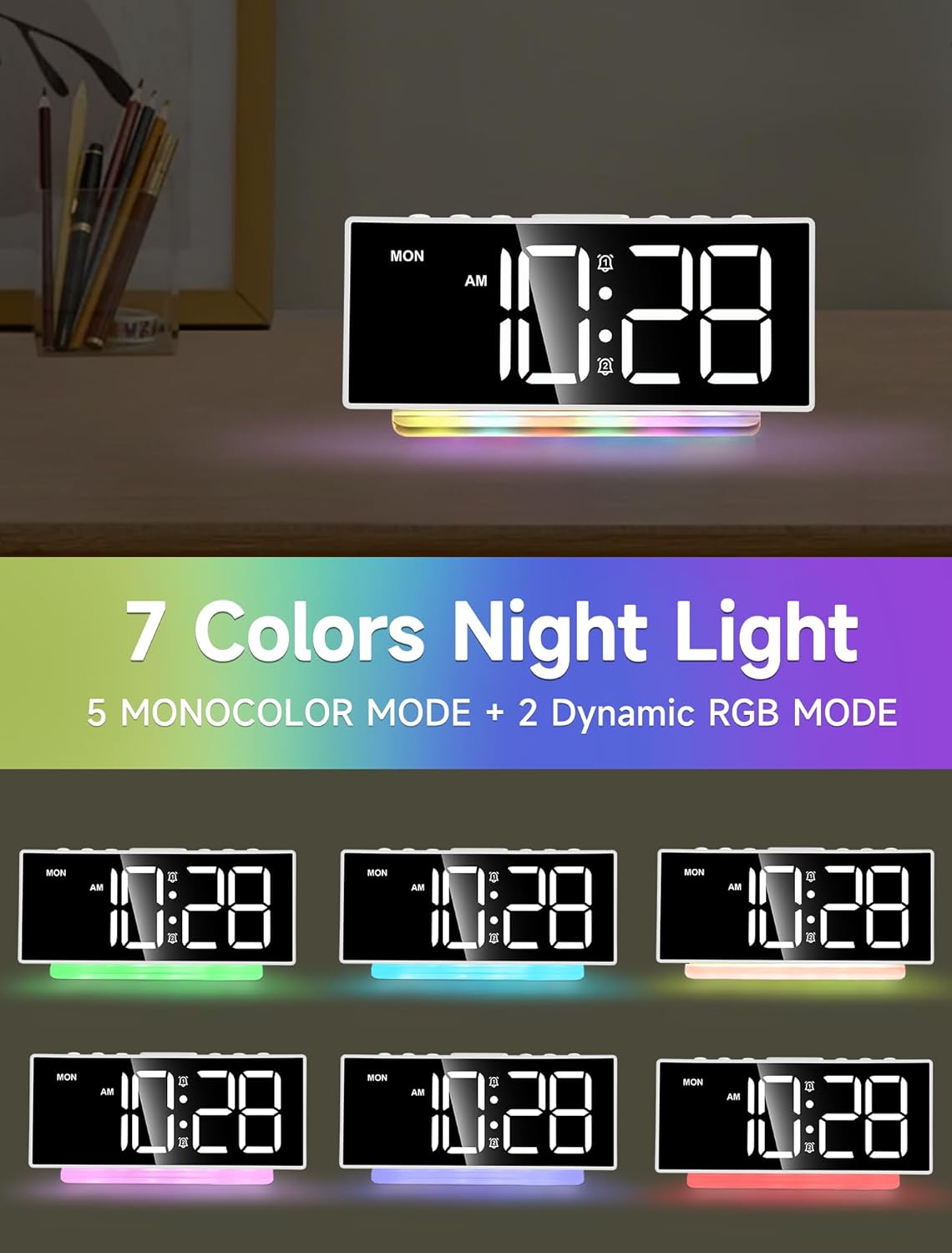 Cadmos Loud Alarm Clocks for Heavy Sleepers,Adults,Kids,Teens,Large Digital Display,7 Color Night Light,Adjustable Volume,Battery Backup,Small Bedside Clocks for Bedrooms (White+Dynamic)