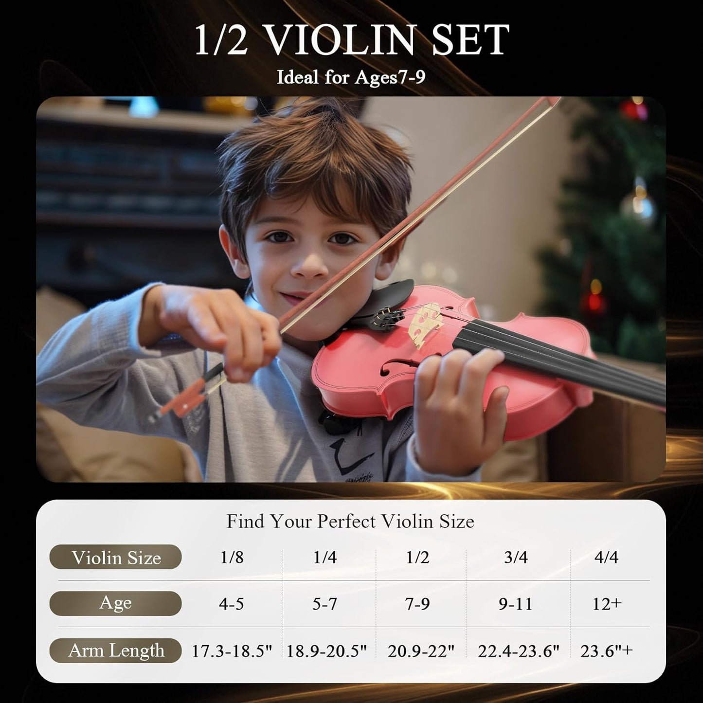 1/2 Beginner Violin Set,Complete Violin Kit with Case, Bow, Rosin, Pink