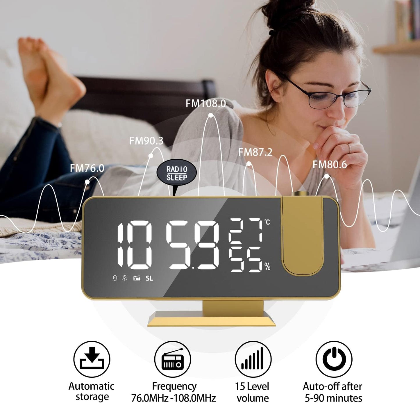 Projection Digital Alarm Clock for Bedrooms, Alarm Clock Radio on Ceiling, USB Charger Port, Temperature & Humidity Display, 7.3” Large Mirror LED Display,12/24H,Snooze,Dual Loud Clock- 4 Dimmer