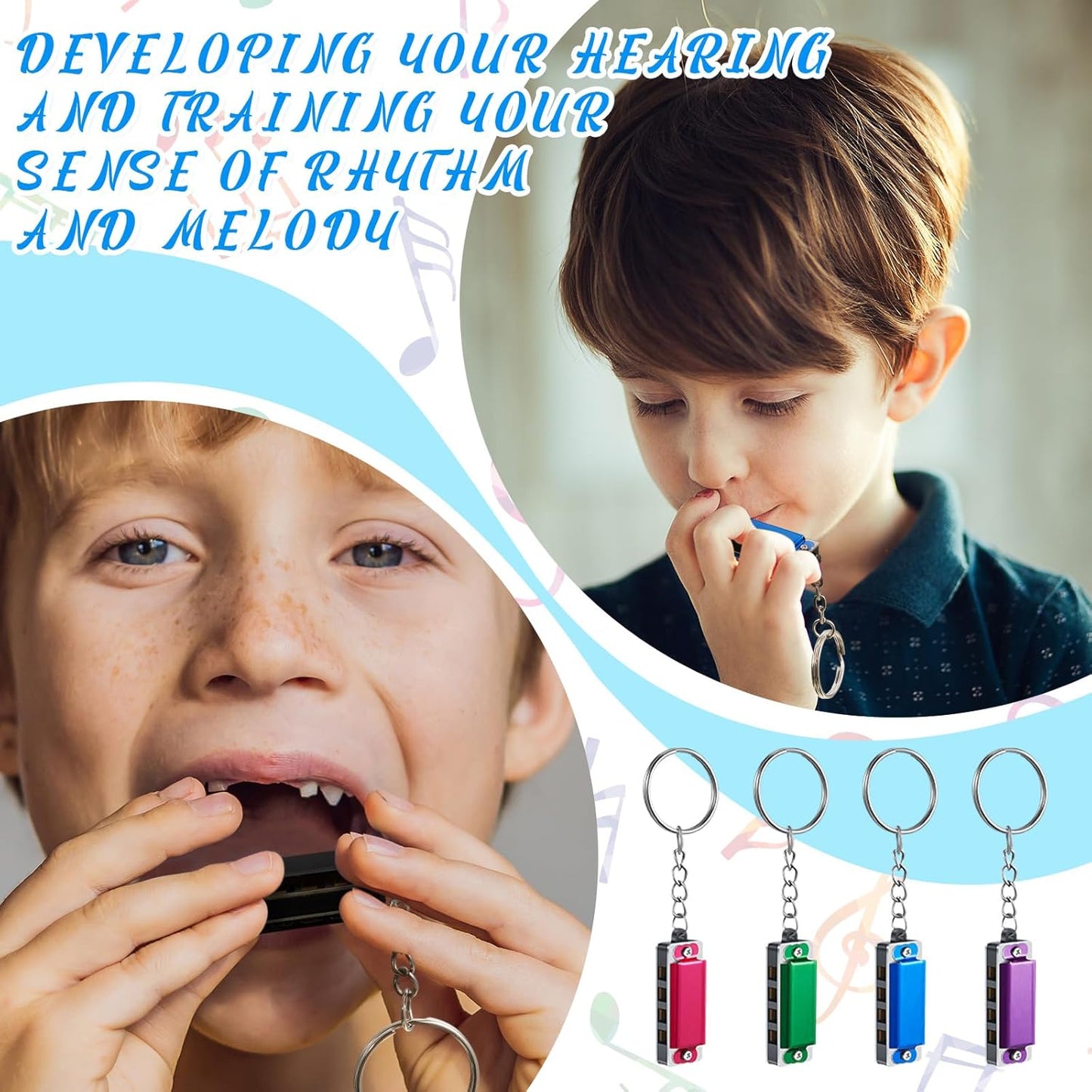 Ecally 32 Pcs Mini Harmonica Keychain for Kids Operation Christmas Favors Portable Wind Instruments 4 Holes 8 Tunes Harmonica Music Party Favors Cute Music Keychain Accessory (Fashion Color)