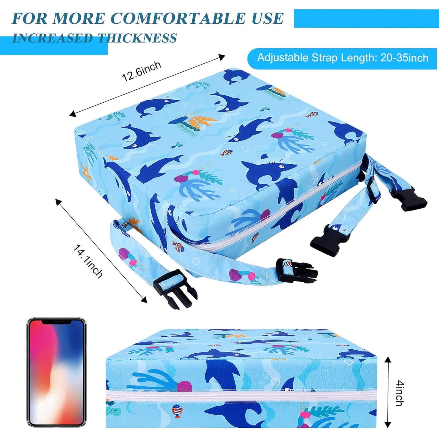 Toddler Booster Seat for Dining Table, Stronger Support Booster Seat for Table Washable 2 Safer Straps Non-Slip Bottom Portable for Kids Baby Increasing Cushion for Travel Home