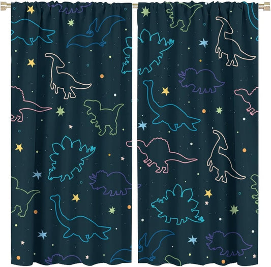 Cartoon Colorful Dinosaur Curtains for Boys Girls Home Decor, Astronaut Funny Outer Space Star Blackout Rod Pocket Window Drapes for Bedroom Living Room W21xL45in Decor