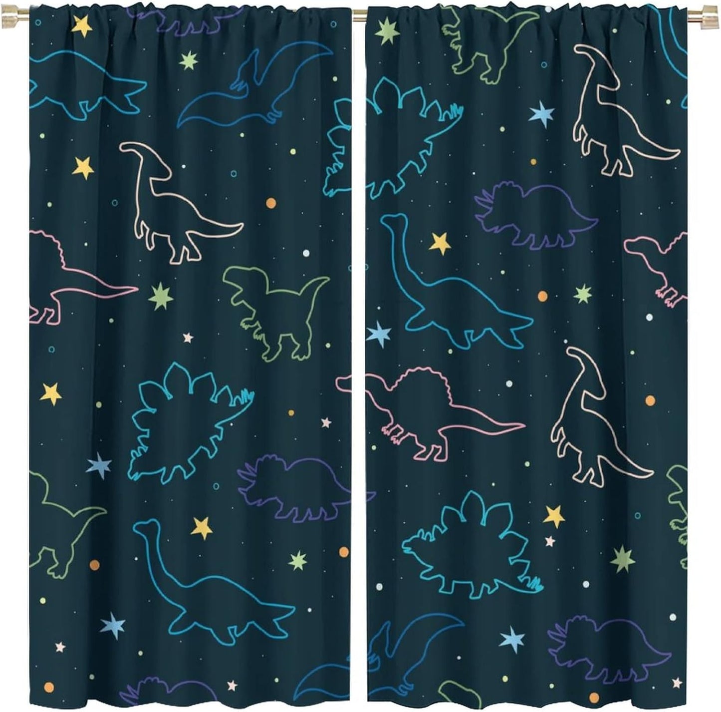 Cartoon Colorful Dinosaur Curtains for Kids Boys Girls Home Decor, Astronaut Funny Outer Space Star Blackout Rod Pocket Window Drapes for Bedroom Living Room W21xL54in 2 Panels