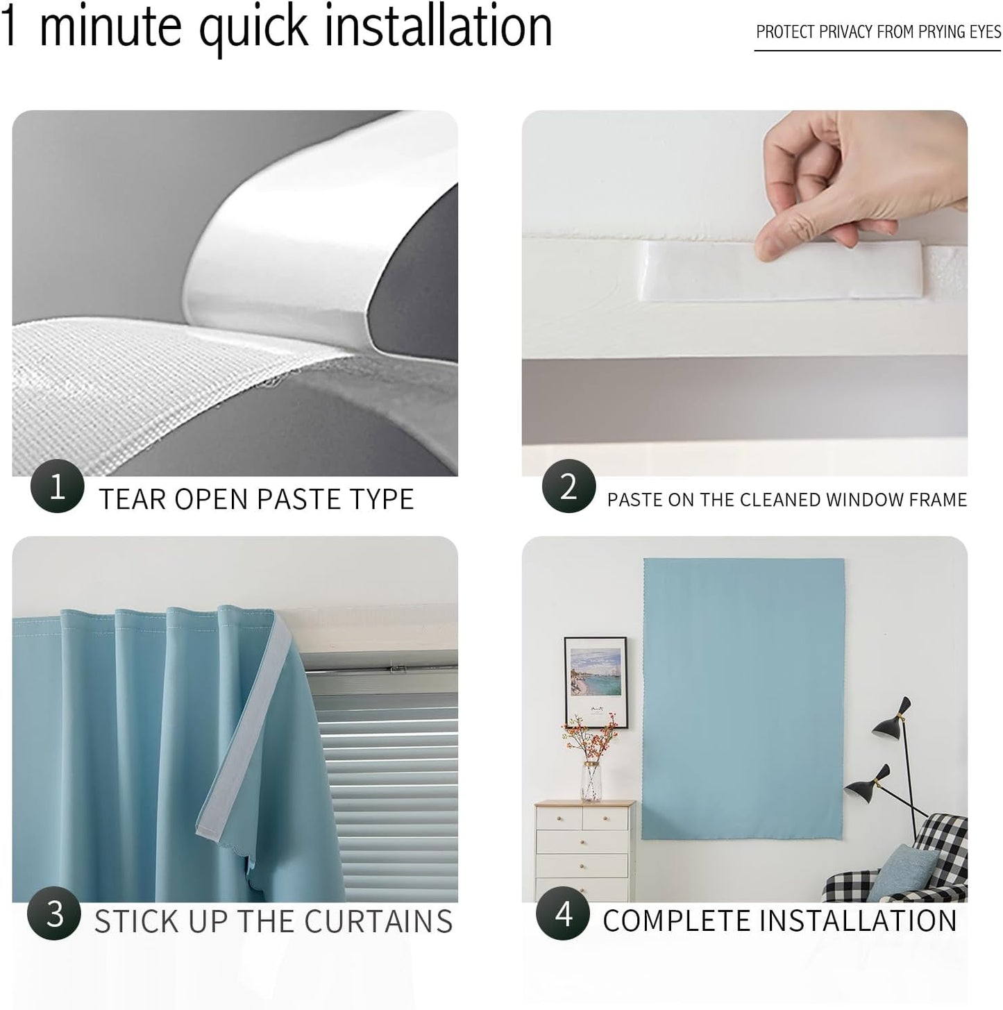 Self Adhesive Curtains, Black Out Shade for Window, Blackout Fabric Temporary Window Coverings Easy to Hang Curtains No Rod Needed, Use for Bedroom, Room, Kitchen, 47" W X 79" L, Lake Blue, 1 Panel