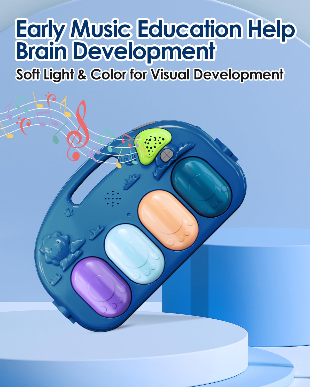 Dearlomum Baby Play Mat & Gym, Fun Piano Tummy Time Activity Mat with 5 Sensory Toys, Music & Lights - Boy & Girl Gifts, 0-12 Months (Blue)