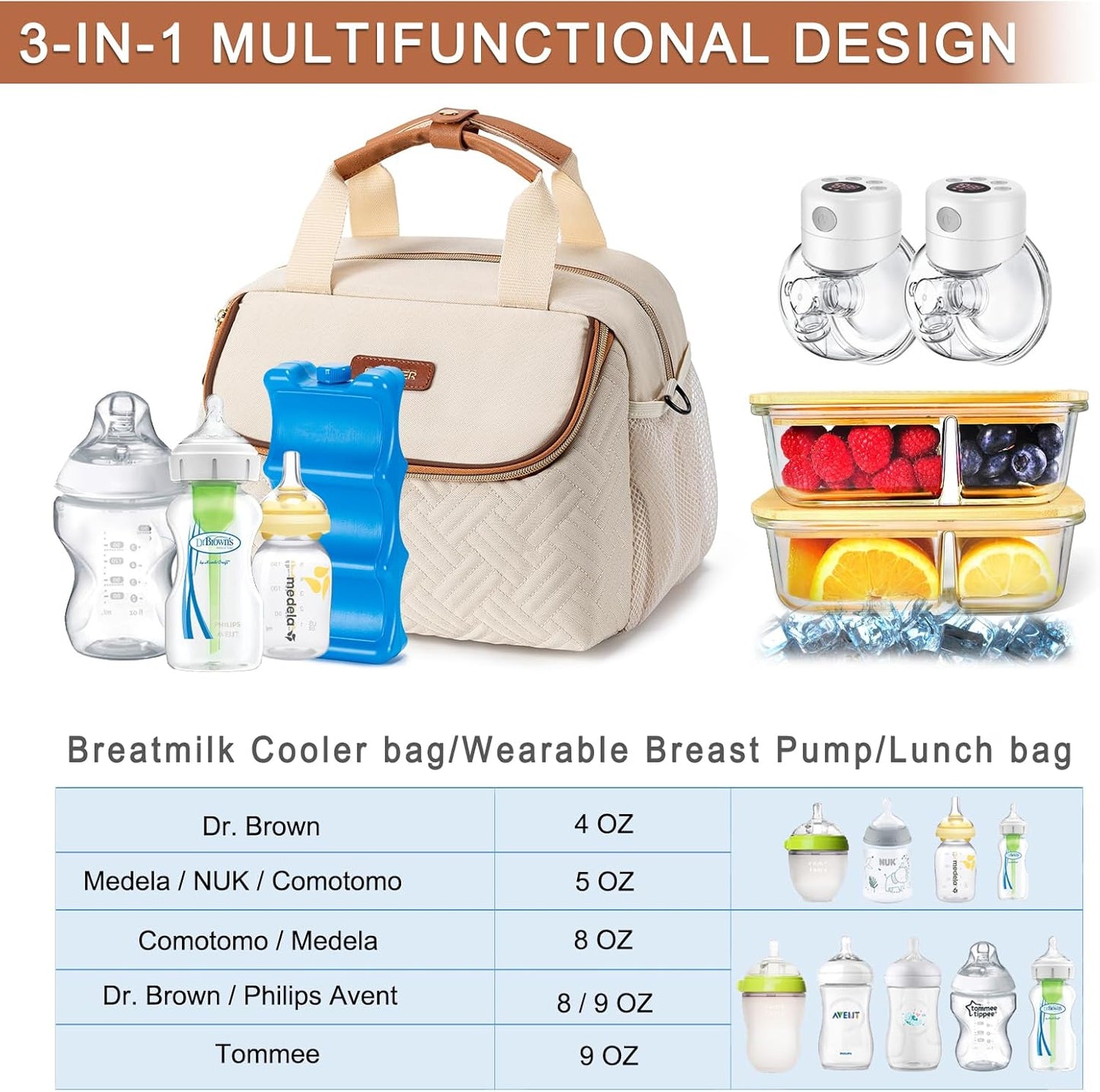 Breastmilk Cooler Bag with Ice Pack Fits 6 Baby Bottles up to 9 Ounce, Wearable Breast Pumps Cooler Bag for Nursing Mom Daycare, Work, Travel- Cream
