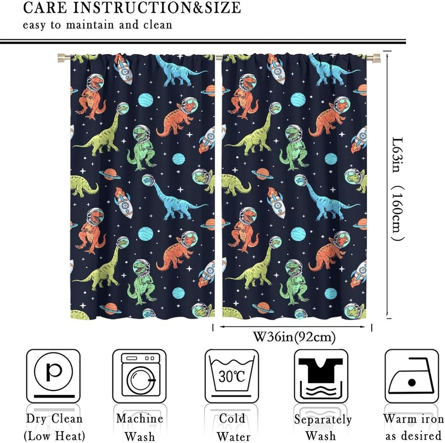Cartoon Dinosaur Curtains for Kids Boys Girls Home Decor, Astronaut Rocket Funny Outer Space Blackout Rod Pocket Window Drapes for Bedroom Living Room W36xL63in 2 Panels