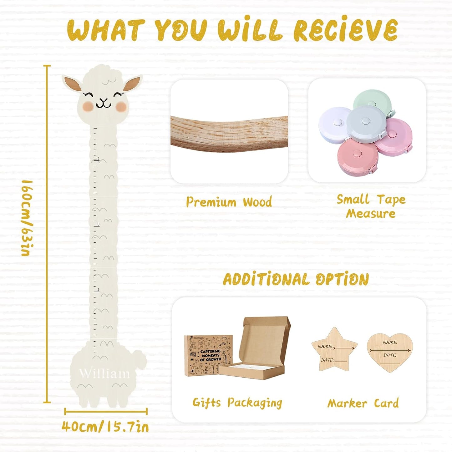 Personalized Name Height Chart for Wall, Alpaca Wood Growth Chart, Height Measurement for Wall Girls Boys Teen Room Wall Decor 63" x 15.7"