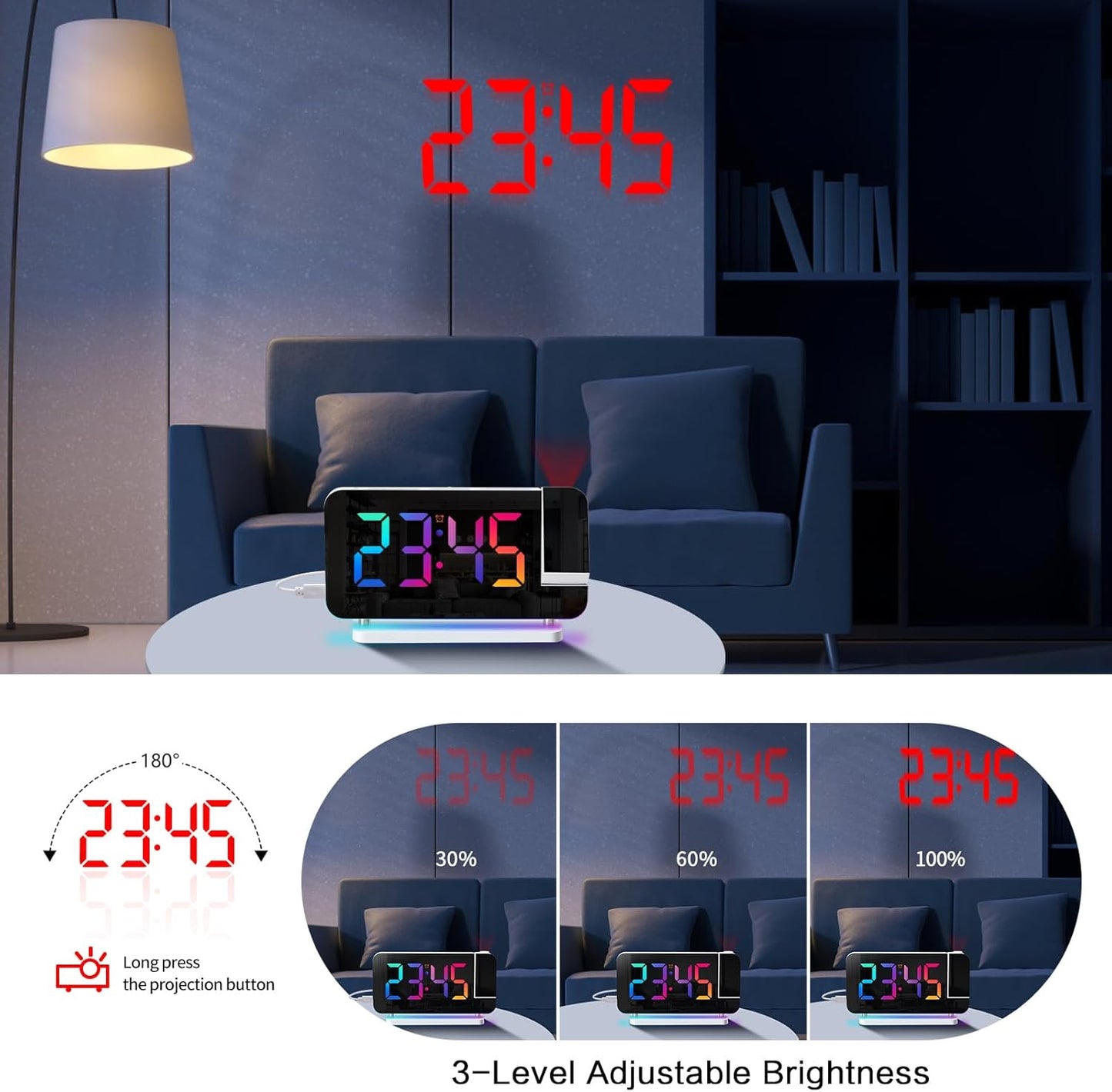 Projection Alarm Clock for Bedroom Ceiling,RGB Digital Clocks with 10 Colors RGB Night Light,Loud Alarm Clock for Heavy Sleepers,USB C Charger Port,Snooze,12/24H,Auto Dimming