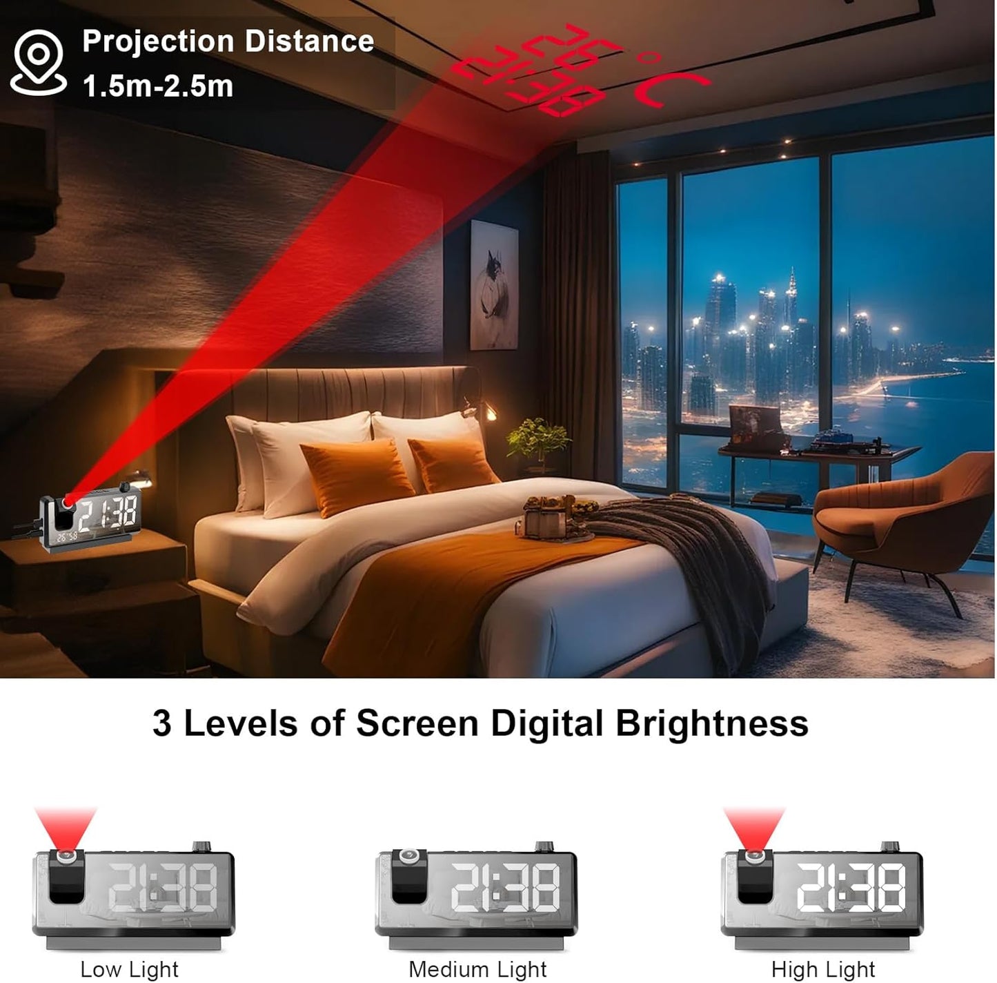 GuDoQi Projection Alarm Clock for Bedroom, Digital Clock with 180° Projector, 7" Large LED Display, Dual Alarms, Temperature&Humidity Display, Dual USB Port, 12/24H, Snooze, for Heavy Sleepers, Black