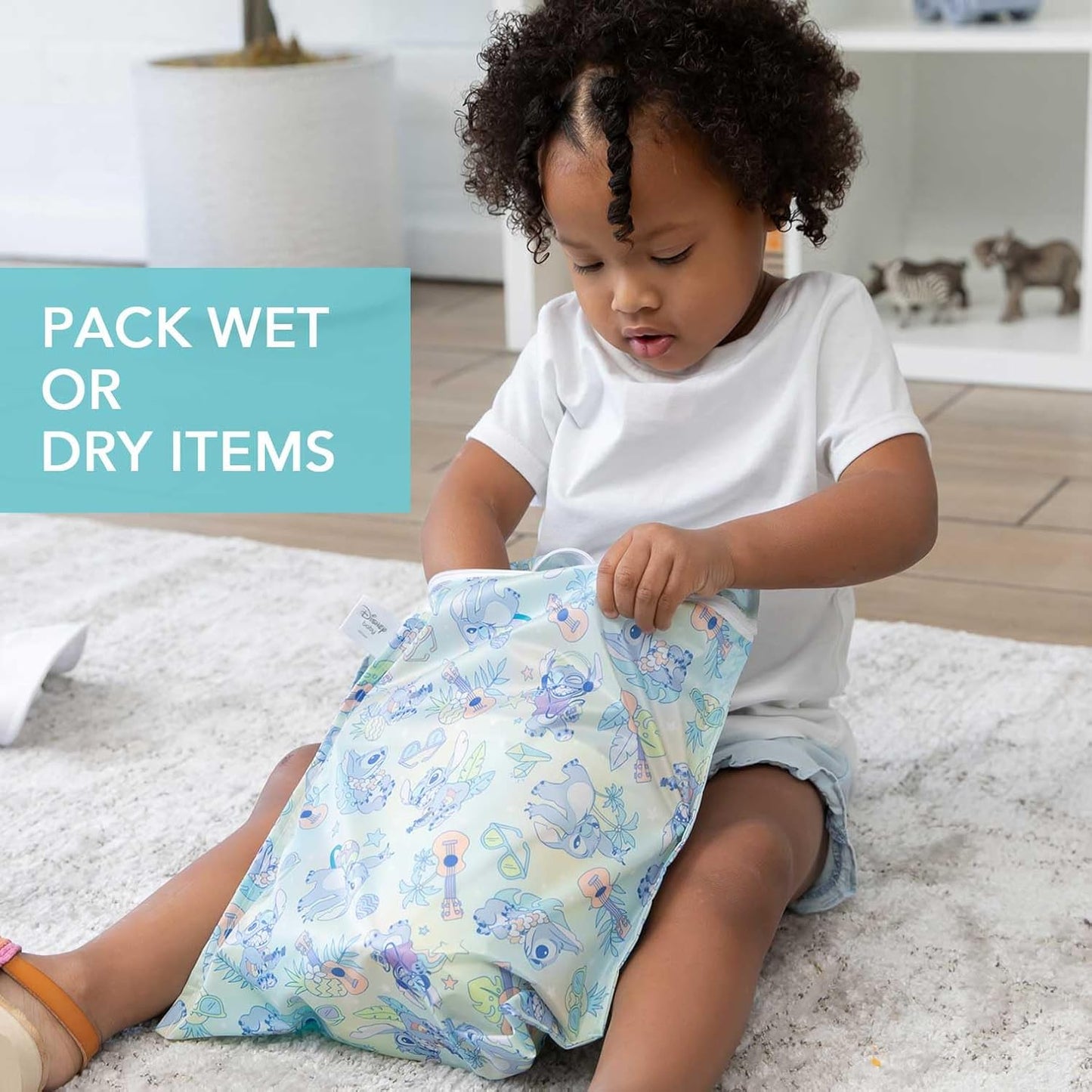 Bumkins - Waterproof Wet Bag - For Baby, Travel, Swim Suit, Cloth Diapers, Pump Parts, Pool, Gym, Toiletry, Strap to Stroller - Reusable & Easy to Clean - 2pk - Disney Stitch