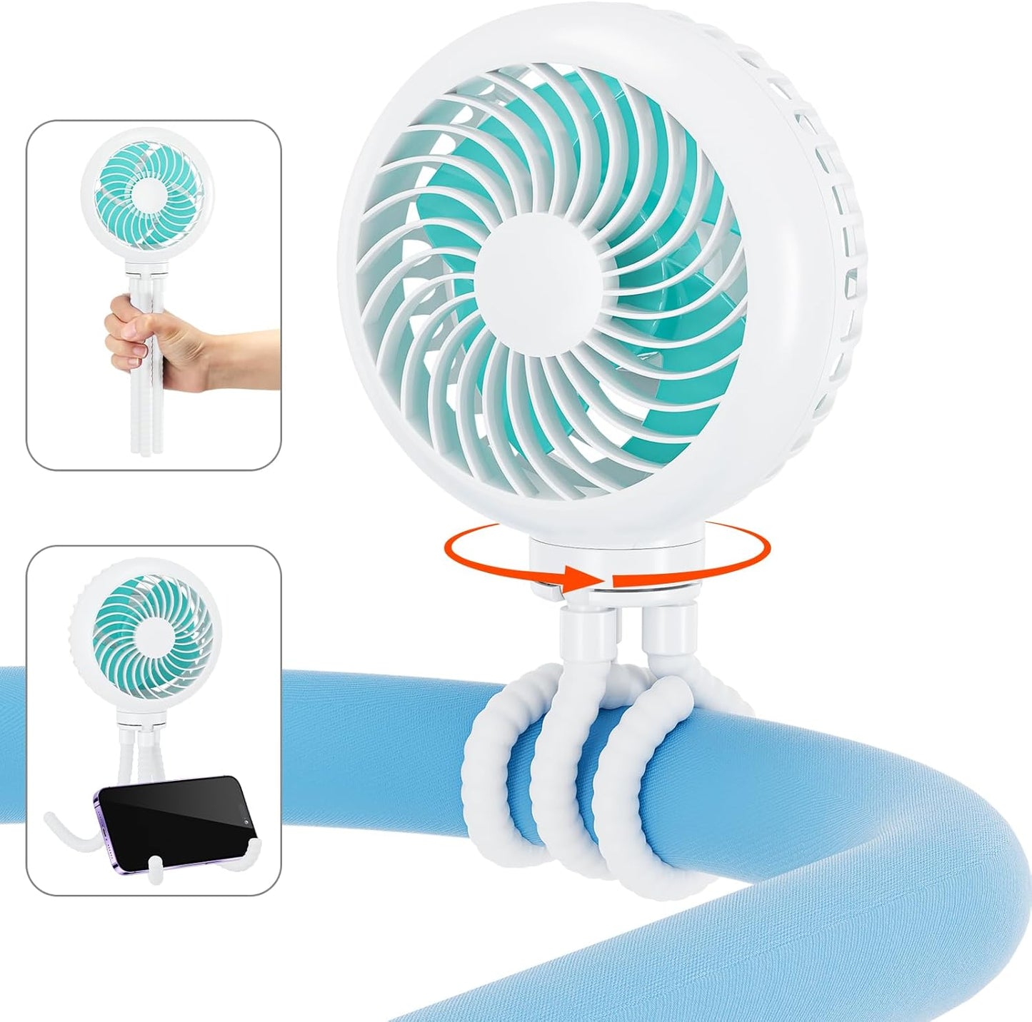 HandFan 4000mAh Battery Operated Stroller Fan Flexible Tripod Clip on Fan with 4 Speeds and Rotatable Max 31Hrs Handheld Personal Fans for Crib Car Seat Bike Treadmill (White)