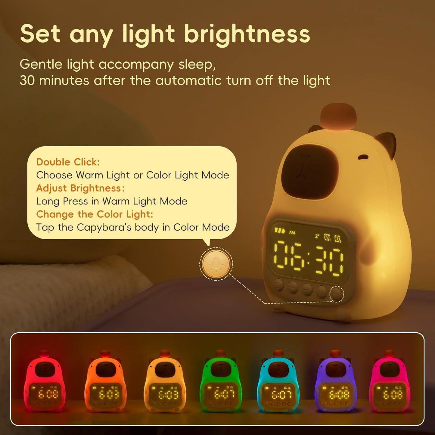 Capybara Alarm Clock with Night Light for Kids, Cute Toddler Alarm Clocks for Bedrooms Ok to Wake Clocks for Girls and Boys, Silicone Animal Tabletop Lamp for Kid, RGB Color