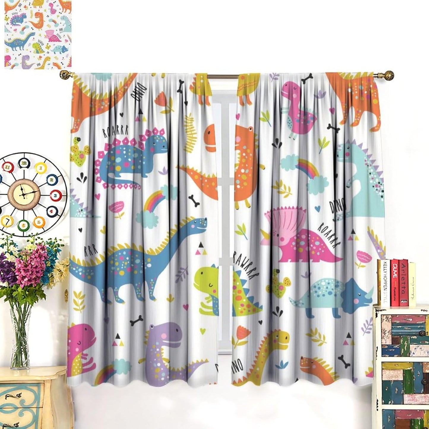 Cartoon Dinosaur Curtains for Kids Boys Girls Home Decor Childish Cute Dino Animals Print Pattern Rod Pocket Blackout Window Drapes for Nursery Baby Bedroom Playroom W31.5xL72in 2 Panels