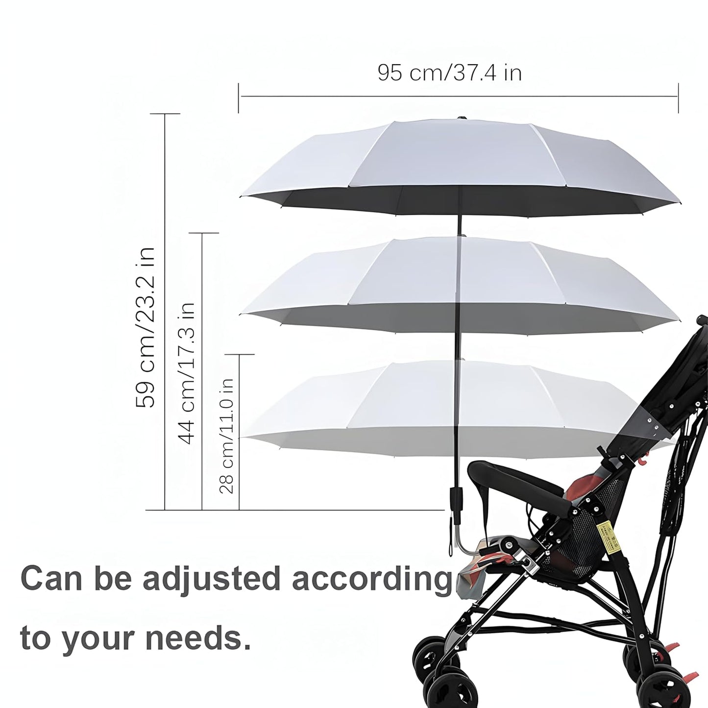 Universal Baby Stroller Sun Protection Parasol, with Umbrella Clip Fixing Device, UPF 90+ UV Protect Pushchair Sun Parasol (Silver)
