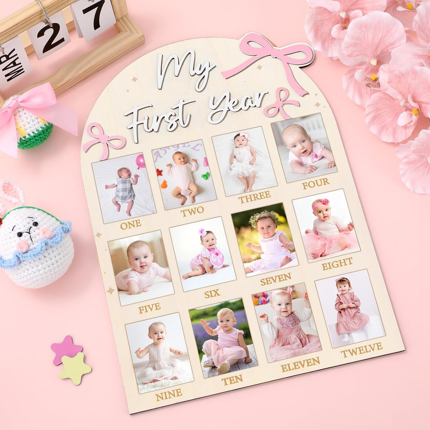 Pink Bow First Year Photo Board Coquette Bow Birthday Party Wooden Board Decorations 12 Monthly Milestone Picture Frame One Year Old Wood Sign 1st Birthday Photo Banner for Baby Girls Keepsake Gift