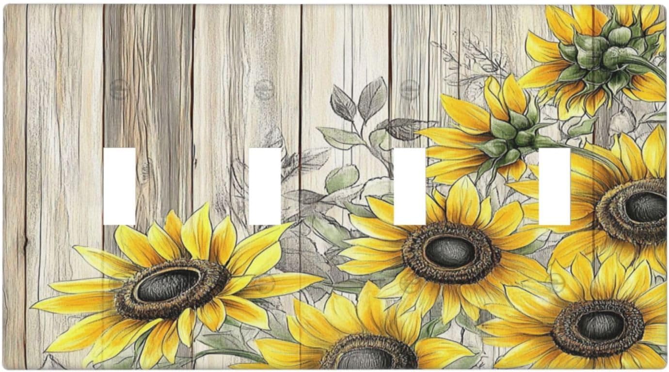 Light Switch Covers Floral Sunflower Rustic Flower Vintage Wood Quad Toggle Electrical Faceplate 4 Gang Wall Plate Decorative Switch Plates For Farmhouse Cabin Decor