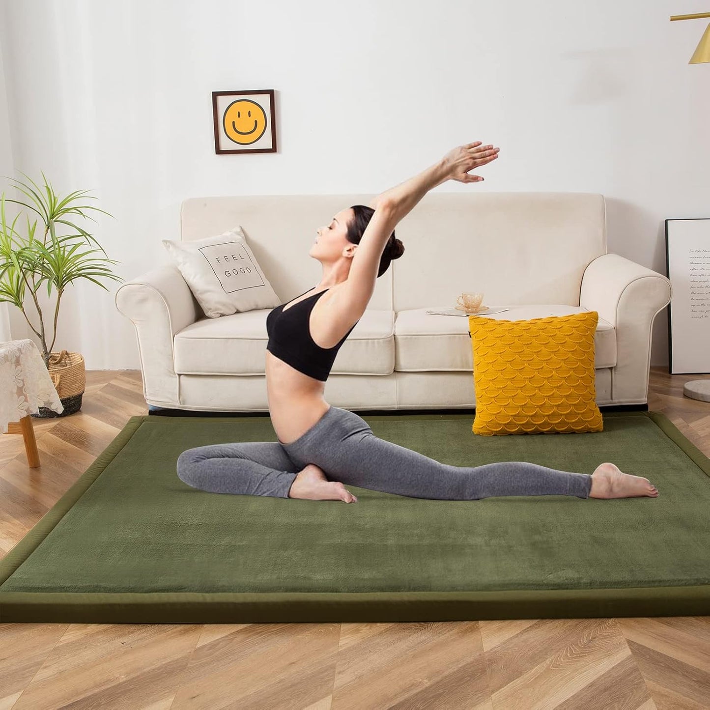 MAXYOYO Coral Velvet Area Rug, Thick Japanese Tatami Mat Living Room Carpet with Non-Slip Backing, Large Solid Color Mat for Bedroom Dormitory Yoga, Olive Green, 78 by 118 inch