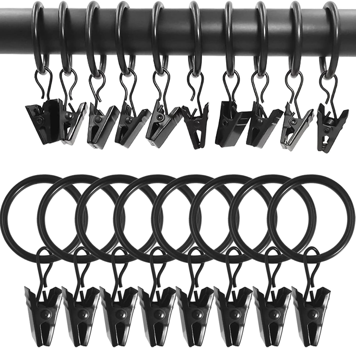 100 Pack Black Curtain Rings with Clips, Curtain Hooks Hangers Clip Rings for Hanging Drapes Bows Hat, Drapery Rings 1 in I D, Fits up to 5/8 in Diameter Curtain Rod.