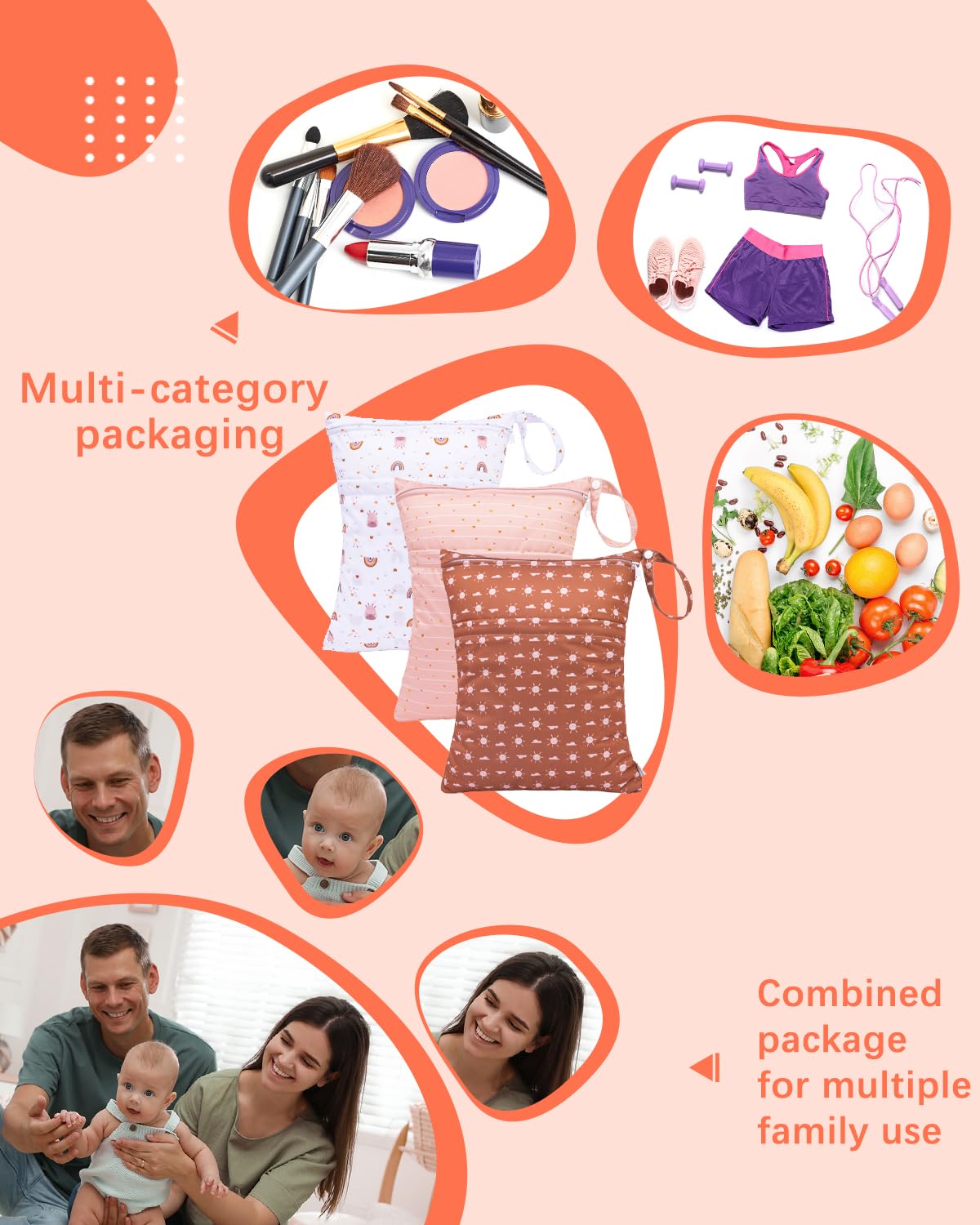 babygoal Wet Dry Bags for Baby Cloth Diapers, Washable Travel Bags, Beach, Pool, Gym Bag for Swimsuits & Wet Clothes with Two Zippered Pockets 3 Pack, 3LN16