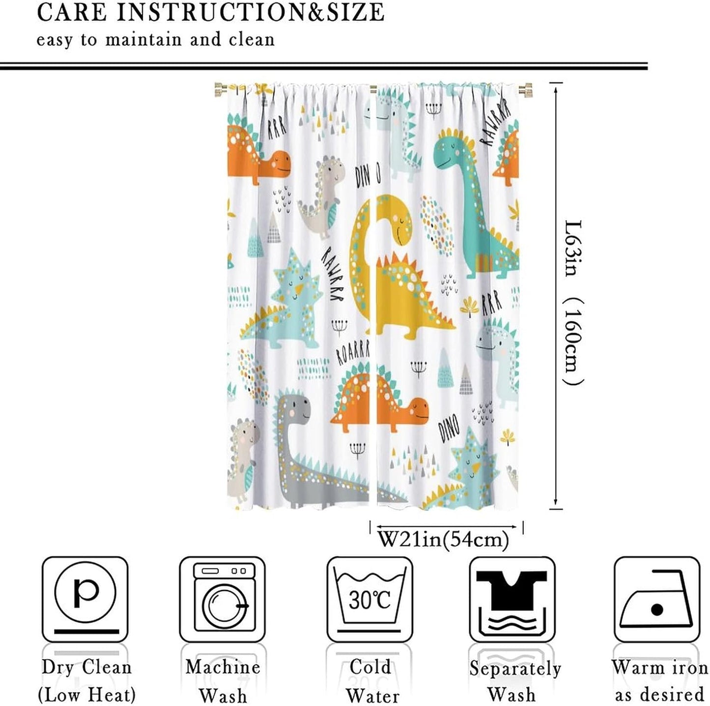 Dinosaur Curtains for Kids Boys Girls Home Decor Childish Cute Dino Animals Print Pattern Rod Pocket Blackout Window Drapes for Nursery Baby Bedroom Playroom W21xL63in 2 Panels