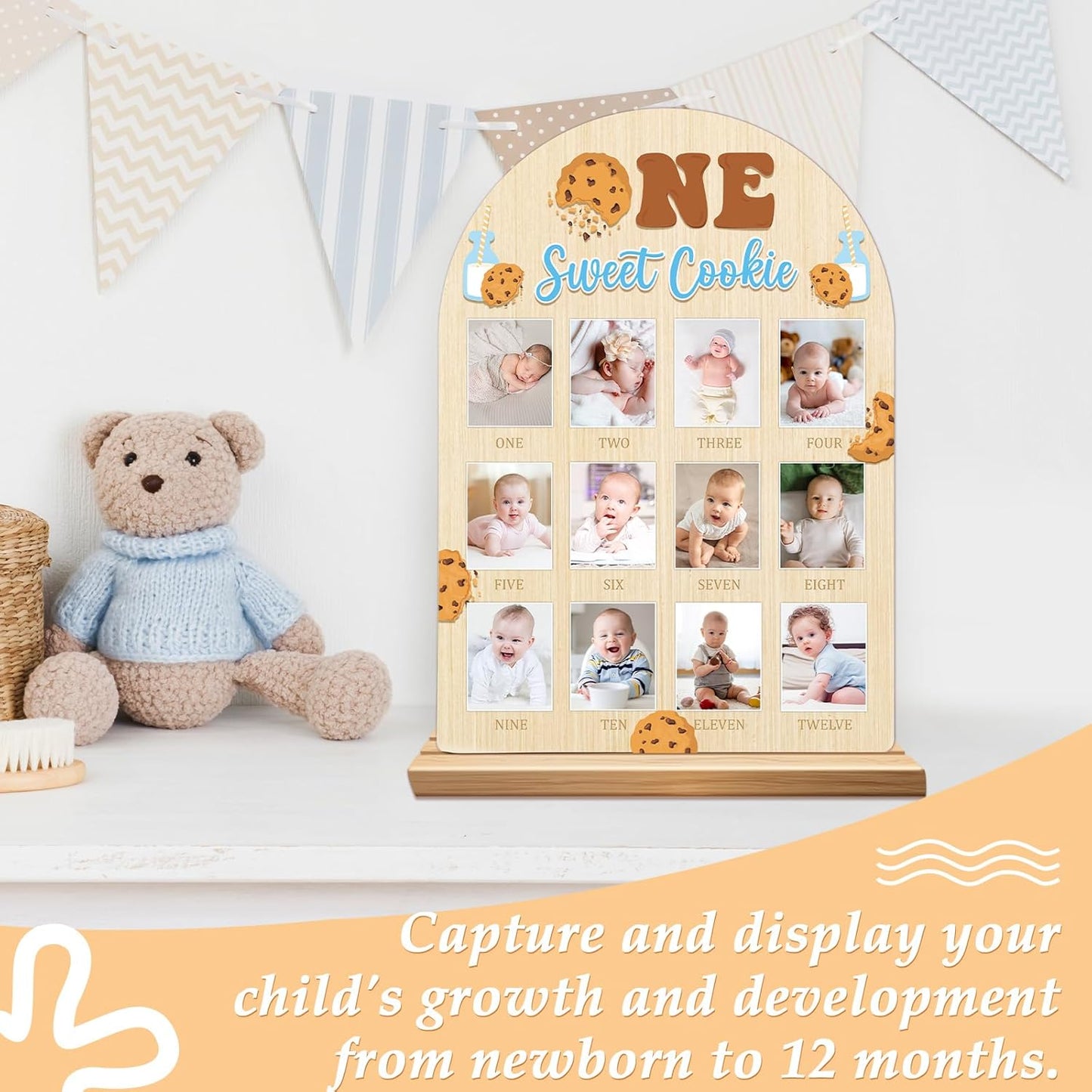 One Sweet Cookie Photo Board Milk and Cookies Birthday Party Wooden Board Decorations 12 Monthly Milestone Picture Frame One Year Old Wood Sign 1st Birthday Photo Banner for Baby Keepsake Gift Supply
