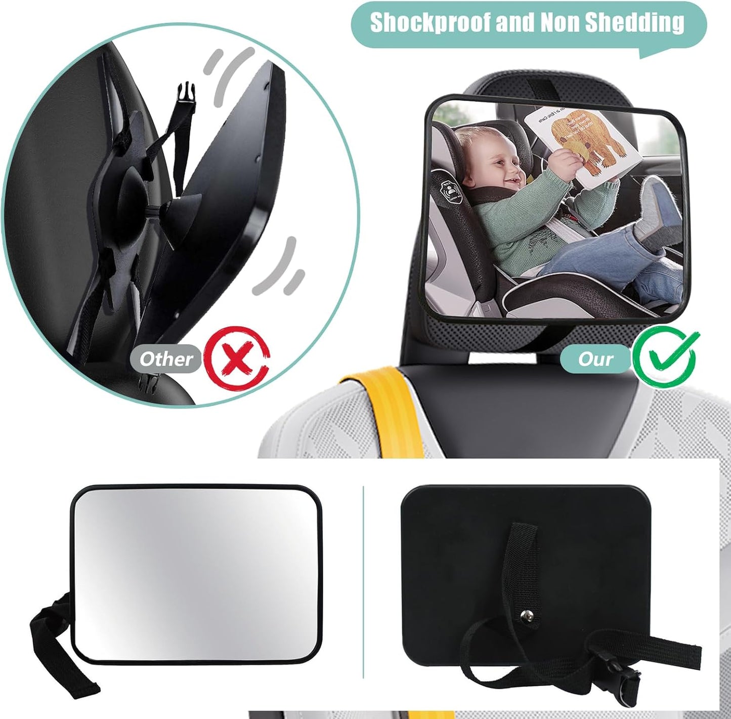 Baby Car Mirror, Universal Fit, Headrest Mount, Shatterproof, Stable, Easy Install, Compatible with Most Cars & SUVs