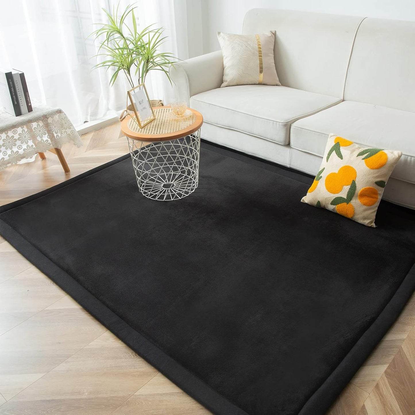 MAXYOYO Black Coral Velvet Area Rug, Thick Japanese Tatami Mat Living Room Carpet with Non-Slip Backing, Large Solid Color Mat for Bedroom Dormitory Yoga, 78 by 158 inch