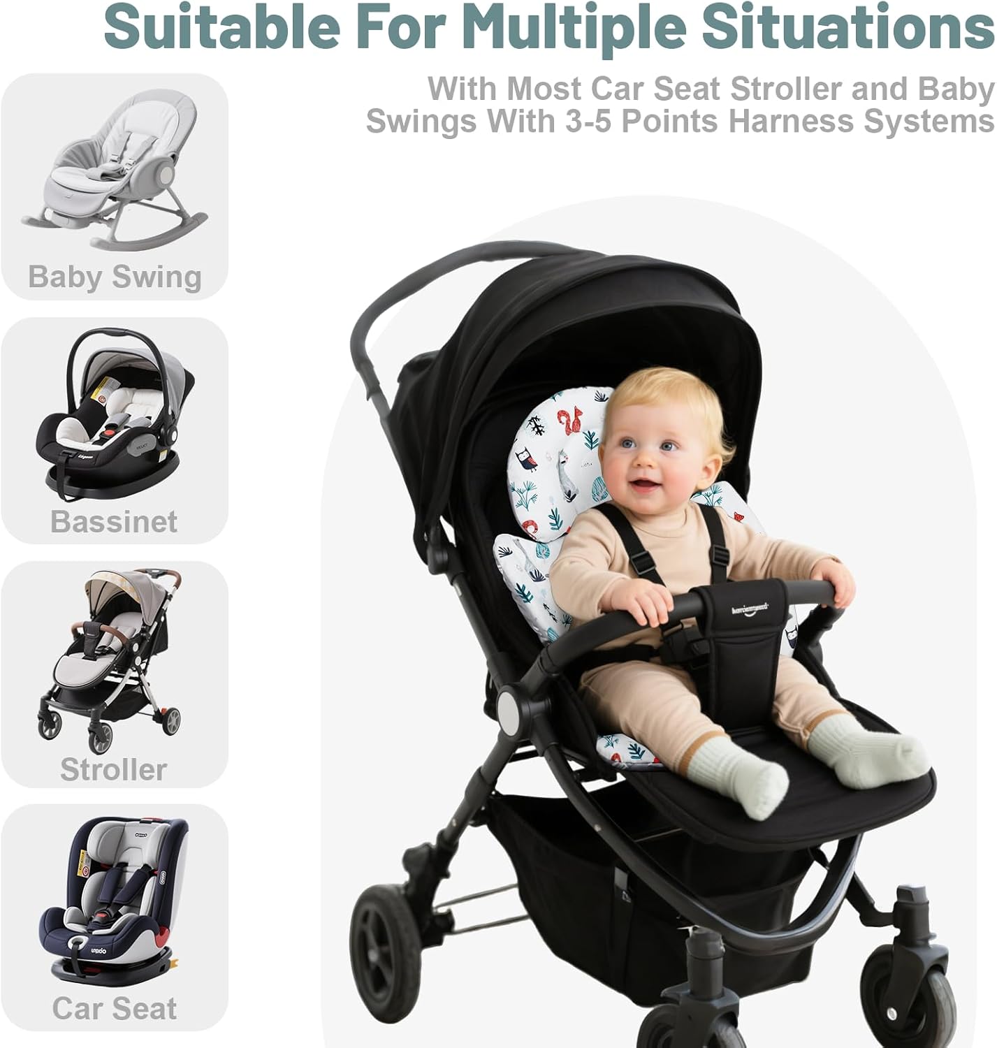 KAKIBLIN Infant Car Seat Insert, Breathable Reversible Car Seat Head Support for Infant, Newborn Car Seat Insert for Girls Boys, Fits for Stroller, Baby Swing, Bassinets, Pushchair (Gray)