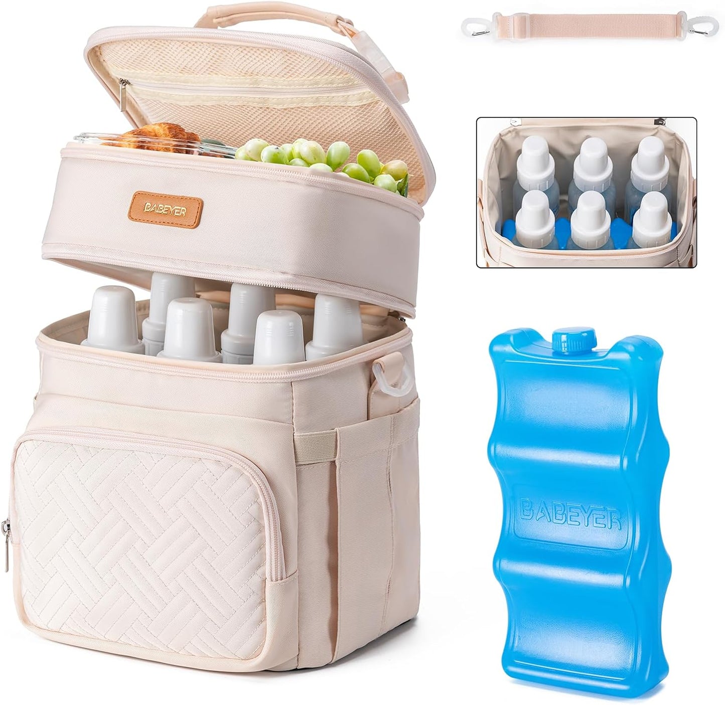 Insulated Breastmilk Cooler Bag with Ice Pack - Holds 6x9oz Bottles, Leakproof Double Layer, Adjustable Strap for Nursing Moms, Daycare & Travel,Pearl White