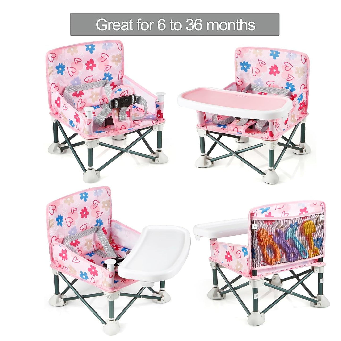 PandaEar Portable Baby Seat Travel| Compact Fold with Straps for Indoor/Outdoor Use| Great for Camping, Beach, Lawn |Toddlers, Kids, Boys, Girls (with Placemat, Pink)