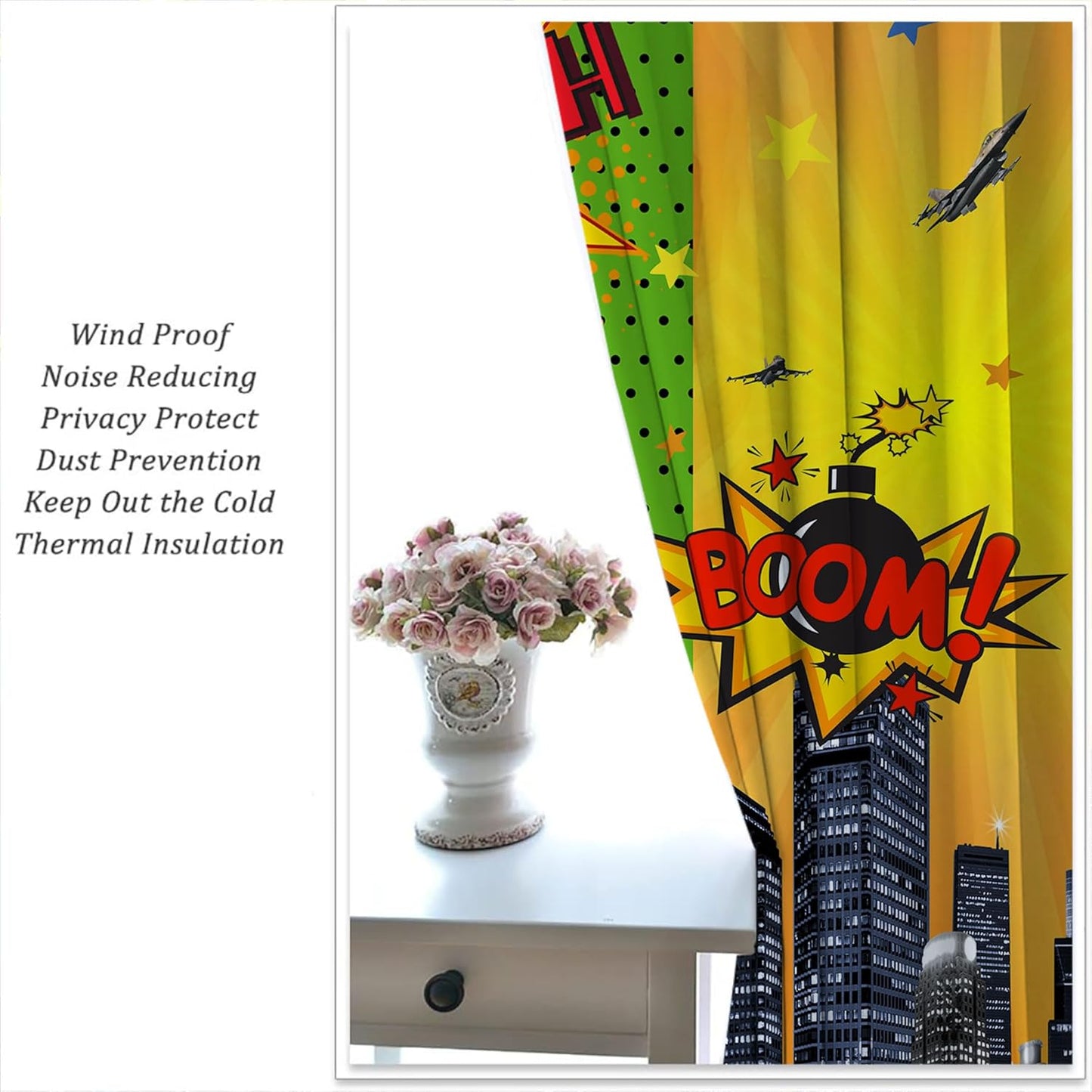 Superhero Rod Pocket Blackout Curtains for Boy Girl Bedroom, City War Explosion Comics Art Home Energy Efficient Light Filtering Window Curtain for Living Room, 84x84 inch