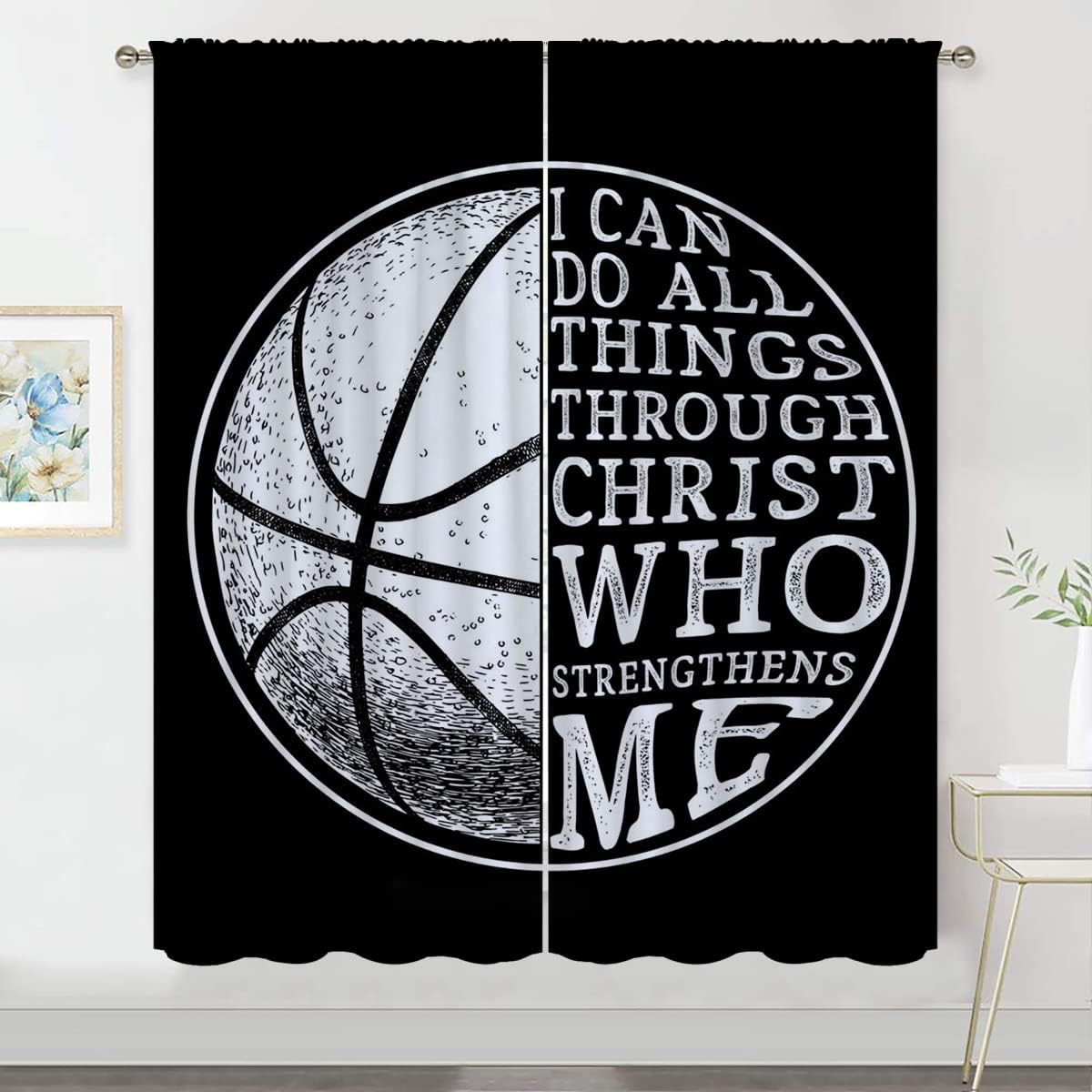 Basketball Blackout Curtains for Boy Girl Room Darkening Decor,Sport Theme and White Motto Dark Background Bedroom Living Room Home Rod Pocket Thermal Insulated Window Curtain/Drapes Panel,84x84 Inch…