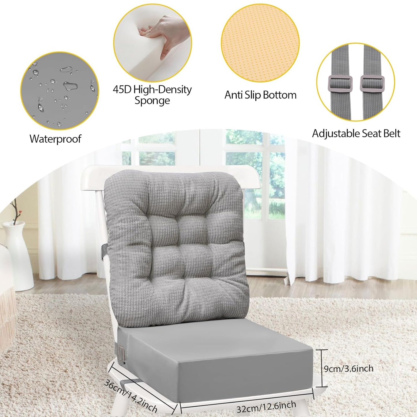 Toddler Booster Seat for Dining Table 2PC Upgraded 3.6IN Cushion with Soft Corduroy Backrest Infant Booster Seat for Kitchen Chair with Adjustable Straps - Non-Slip Base & Breathable Fabric ﻿