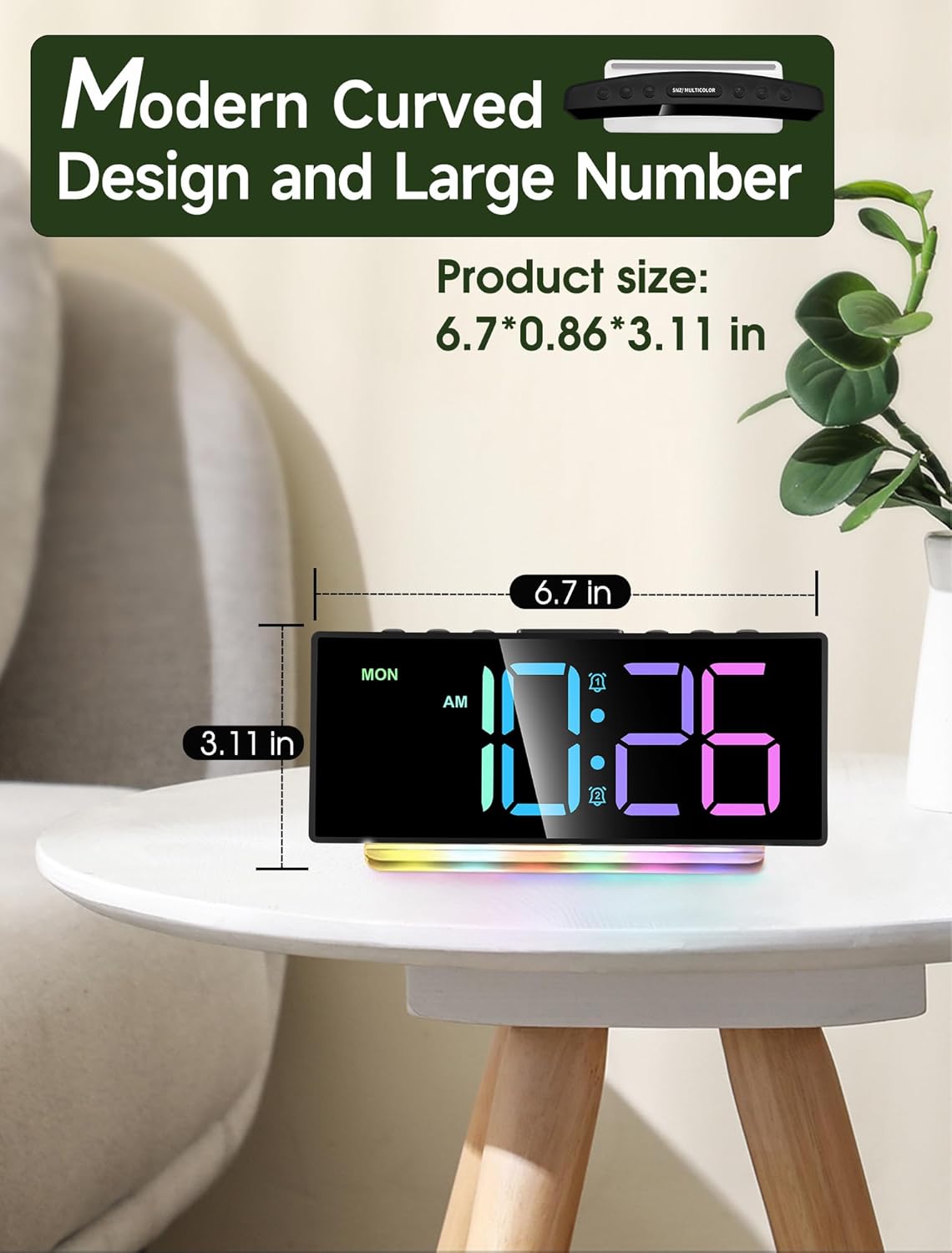 Cadmos Extra Loud Alarm Clock for Heavy Sleepers Adults,Teens,Kids,Rainbow Clock for Bedrooms,Small Bedside Digital Clock with Large Display,7 Color Night Light,12/24h(Black+Dynamic)